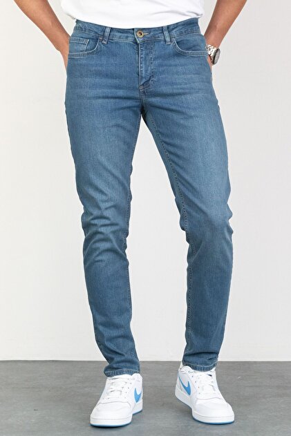 HLT JEANS Steve Taşlamalı Likralı Denim Slim Fit Mavi Kot Pantolon