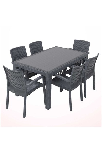 Rattan 80x140cm 6lı Camlı Bahçe Mutfak Masa Takımı Antrasit