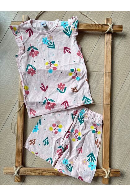 Leafy Floral Patterned Summer Comfortable Soft Girls' Shorts Set