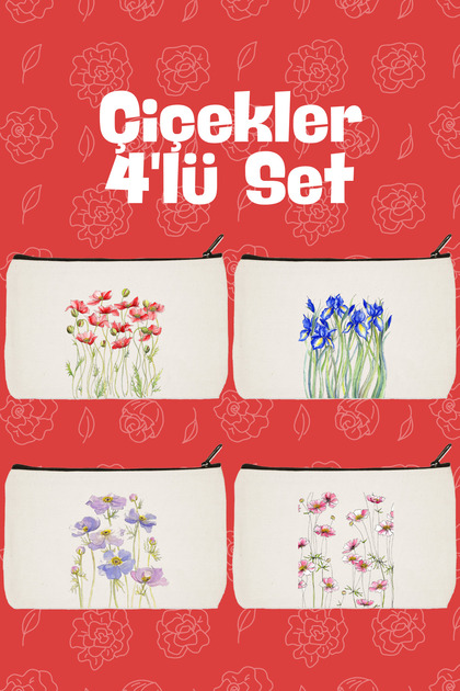 Çiçekler 2 Baskılı 4'lü Makyaj Çantası, Kalemlik, Cüzdan