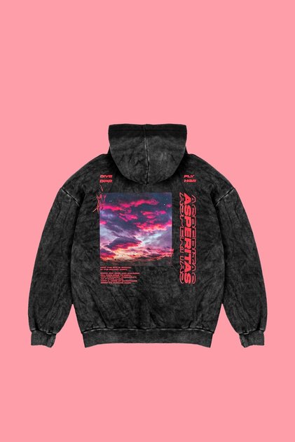 Washed Black Asperitas Back Printed Oversize Unisex Hoodie