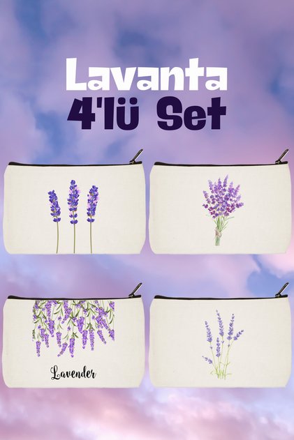 Lavanta Çiçeği Baskılı 4'lü Makyaj Çantası, Kalemlik, Cüzdan
