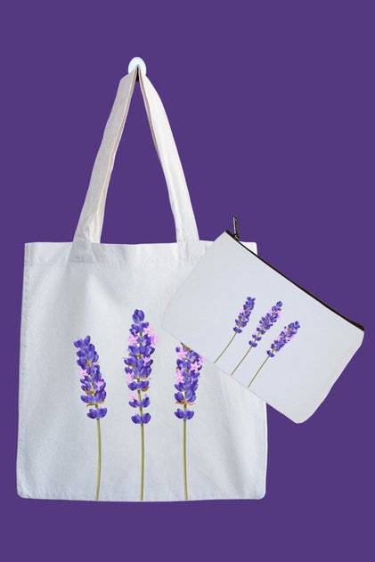 Lavender Flower Printed Cloth Bag and Pen Holder Set