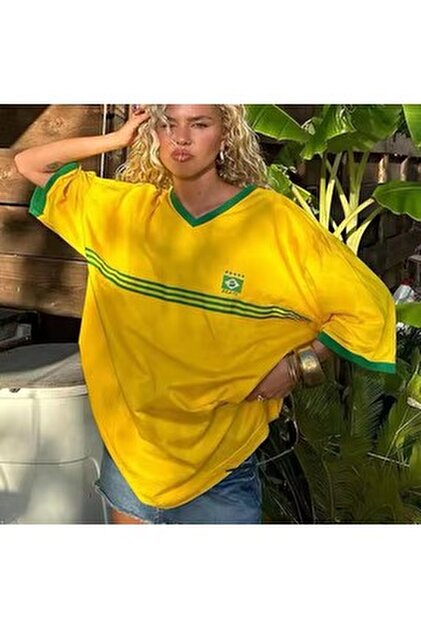 Köstebek Y2K Retro Brasil Yeşil Şeritli Crop Tişört - Fiyatı