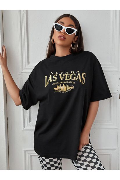 Millionaire Kadın Siyah Neveda Las Vegas Oversize Baskılı T-shirt - 1