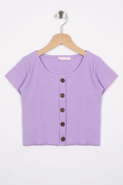 Crew Neck Short Sleeve Ribbed Lilac Color Girl's T-Shirt