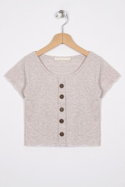 Crew Neck Short Sleeve Corded Beige Melange Color Girl's T-Shirt