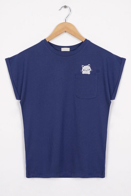 Crew Neck Short Sleeve Pocket Detailed Silvery Cat Printed Navy Blue Color Girls' T-Shirt