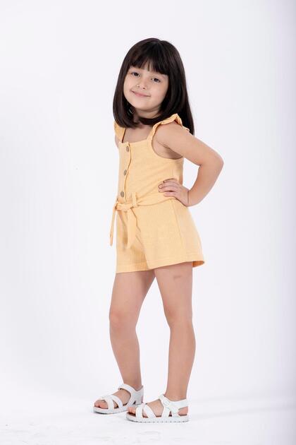 Mustard Color Girl's Salopet - Square Collar, Strappy Sleeve and Ruffle Detail