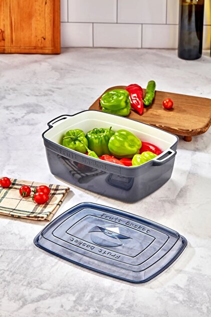 Poomy Süzgeçli Tencere Modelli Meyve-Sebze Saklama Kabı Antrasit