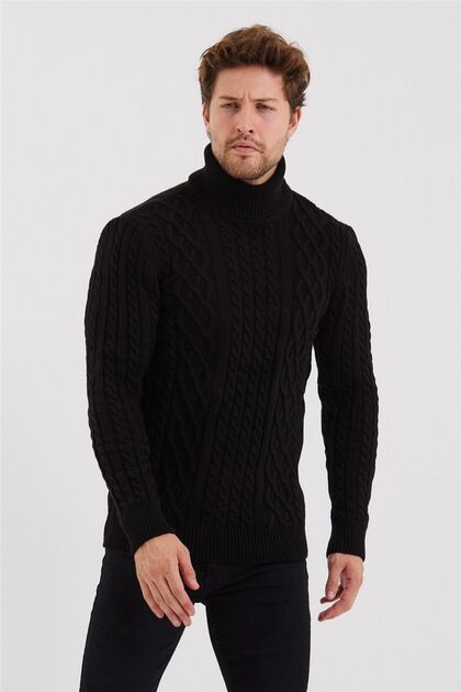 Men's Black Knitted Patterned Knitwear Sweater-trz8152r05s