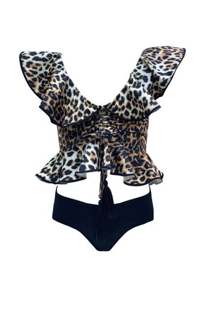 Leopard Print Ruffled Tassel Detailed 50Uv Girl's Bikini Set by Nessi Byrd