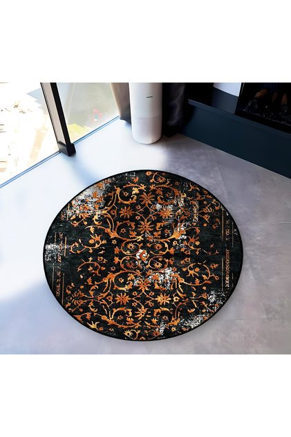 Mira Round Black Antique Pattern Orange Detailed Woven Base Modern Decorative Carpet 5704