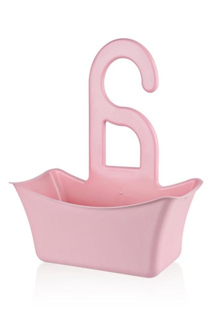 Pink plastic hanging shower soap dish, loofah holder, bathroom basket organizer