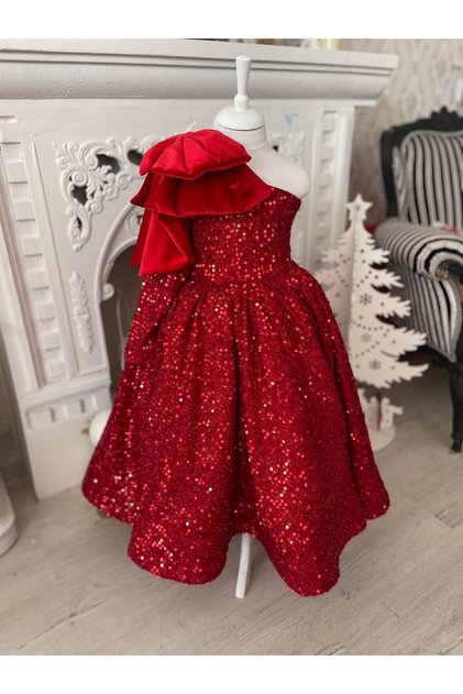 Girl's Dress Long, One Shoulder, Layered Bow Detail, Glitter Special Shooting Dress