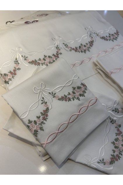 100% Cotton Satin Embroidery Embroidered Duvet Cover Set - Double // 6 Pieces / Elegant Dowry Set