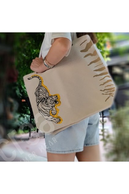 Women's Cotton Beach Bag with Gold Glittery Tiger Patterned