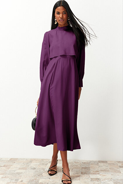 Trendyol Modest Dark Purple Aller Piece Detailed Woven Dress  Tctss24Eb00190- Trendyol