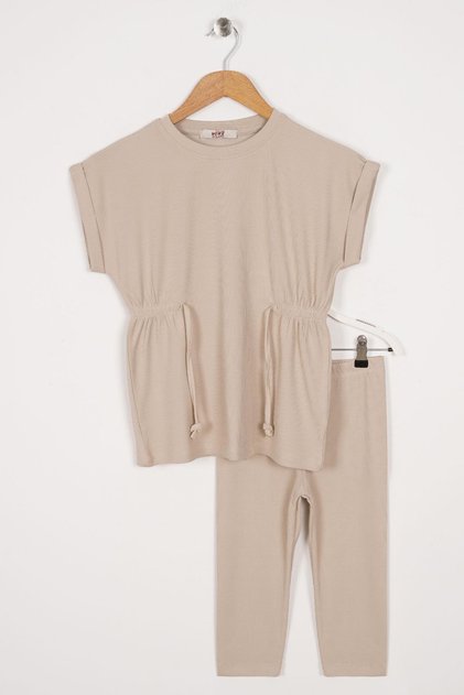 Crew Neck Beige Color Girl's Thai Suit