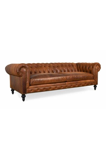 Klasik Chesterfield Chester Kanepe 3 Kişilik Kahve Suni Deri
