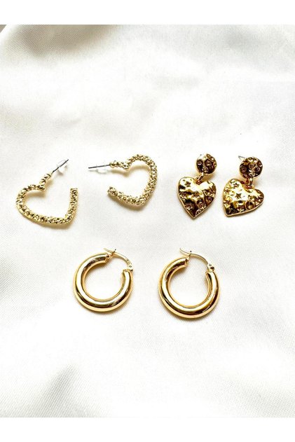 Huggie Earrings, Heart Earrings, and Serrated Heart Earrings Triple Combination Earring Set