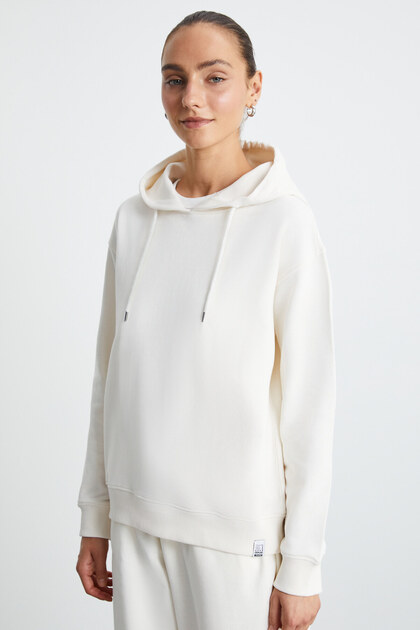 BLERTA Damen-Sweatshirt mit Kapuze, entspannte Passform, Kängurutasche, Ecru
