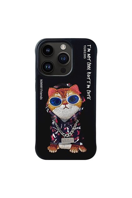Iphone 14 Pro Max Hiphop Series Black Phone Case with Orange Cat Embroidery Embroidered Chain Detail