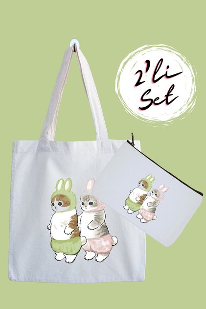 Rabbit Cats Printed Cloth Bag and Pen Holder Set