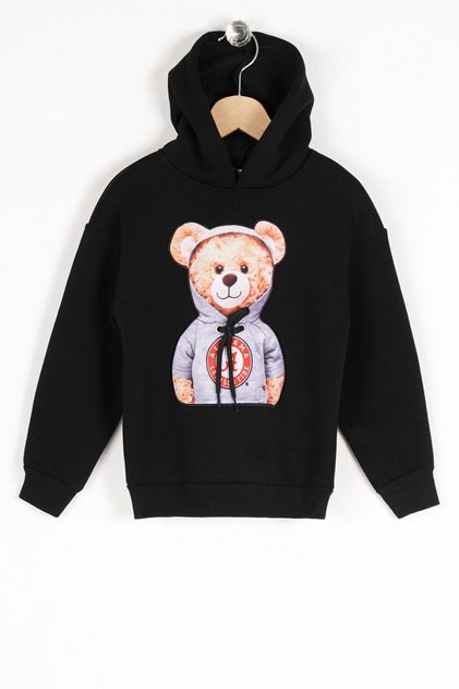 Hooded Long Sleeve Bear Printed Black Color Boys' Sweatshirt