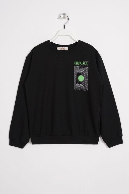 Black Color Boys' Sweatshirt with Front and Back Digital Print Detail