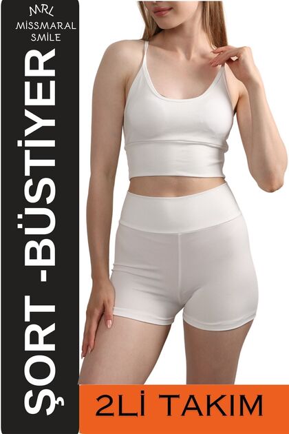 Kadın Yüksek Bel Ekru Mini Şort Boxer & Pedli İp Askılı Büstiyer Spor Takım 3080