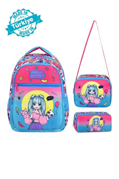 Royal Glow Anime Girl Patterned Matching Elementary School Bag, Lunch Bag, and Double- Pocketed Pencil Case