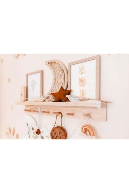 Ahşap Raflı Modern Duvar Askılık Montessori Askılık
