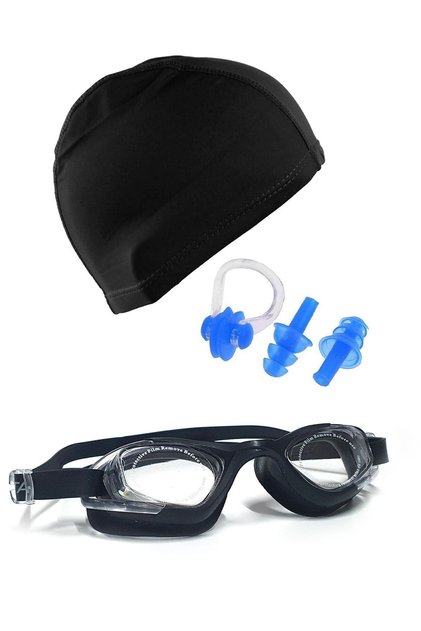 Adult Silicone Swimming Goggles Li,kra Bonnet Earplug and Nose Clip Set Full Set