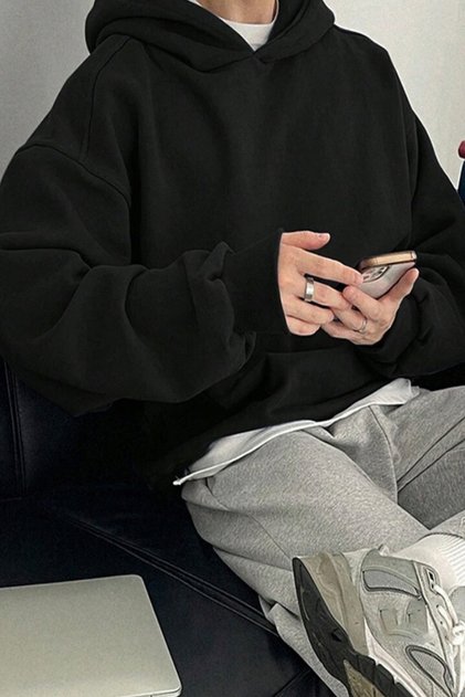 Men's Three Thread Hooded Three Thread Raised Black Sweatshirt