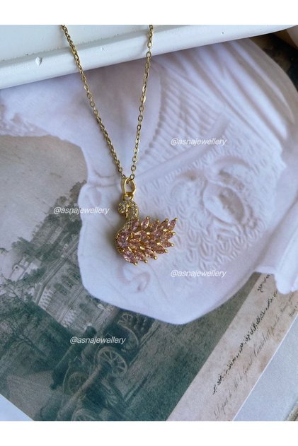 Women's Pink Swan Stone Gold Steel Necklace