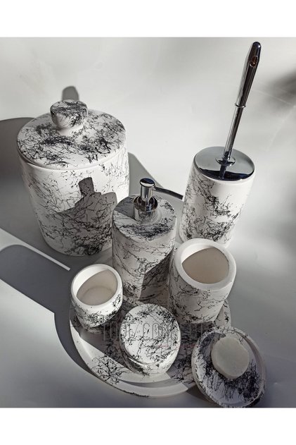 Bathroom Set Tray, Trash Can, Toilet Brush, Liquid Soap Dispenser, Solid Soap Dispenser, Cotton Dispenser, Fluff Dispenser