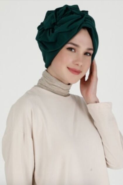 Bonnet Ready Turban Hijab Hijab Women's Bonnet Stylish Floral Stitched Lined Emerald Green