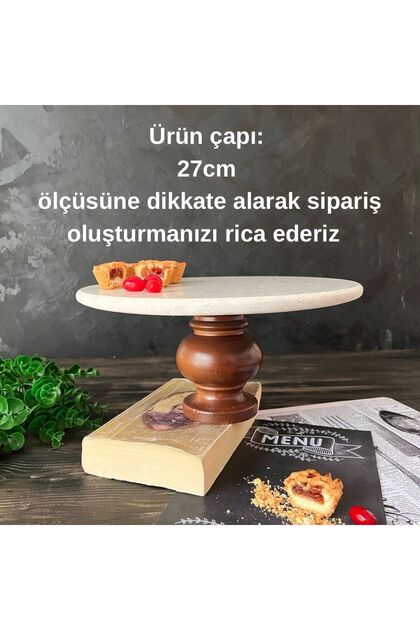 İDAY HOME Doğal Mermer Kek Pasta Standı, Mermer Sunumluk, Ahşap