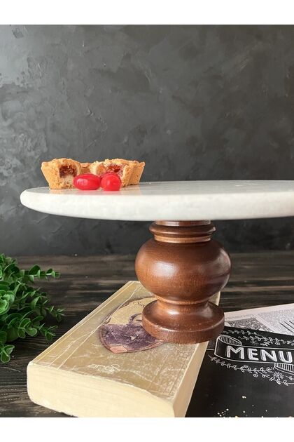 İDAY HOME Doğal Mermer Kek Pasta Standı, Mermer Sunumluk, Ahşap