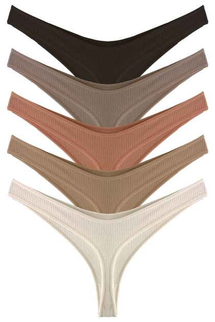 Women's Cotton and Stretch Ribbed Knit Bodysuit Thong Panties 5-Pack-2