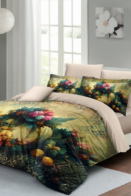 Cotton Satin Double Duvet Cover Set with Elastic Sheets Art Flower