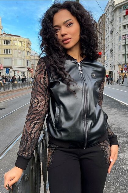 Leopard Crystal Stone Faux Leather Three Thread Zipper Black Women's Tracksuit Set