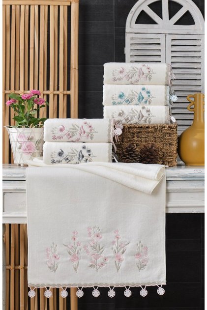 (6'lı Set) 30x50 cm. Çeyizlik Kadife Saray Nakışlı Küpeli Dantelli Lüks El ve Mutfak Havlu Seti