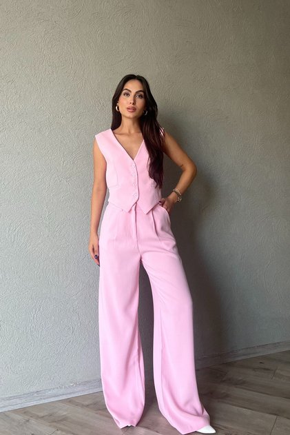 Pink Back Detailed Vest Palazzo Pants Set