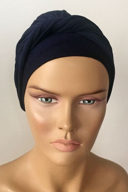 Ready Turban Bonnet Twisted Banded Combed Cotton Bonnet Navy Blue Twist Women's Hijab Bonnet with Twist Band External Bonnet
