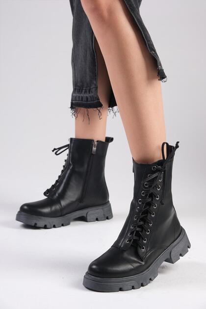 Janet Women's Black Lace-Up and Zippered Thick-Soled Boots
