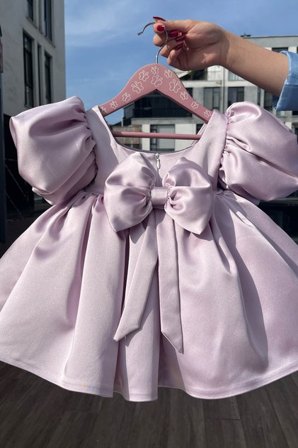 Balloon Sleeve Square Collar Girls' Baby Satin Lilac Dress