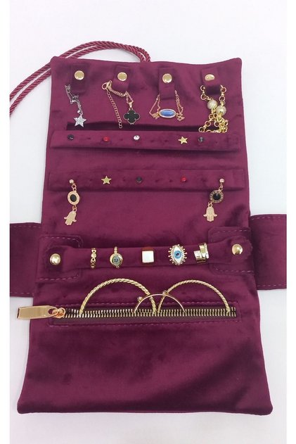 Jewelry Organizer Foldable Roll Jewelry Case Travel Case (Burgundy)