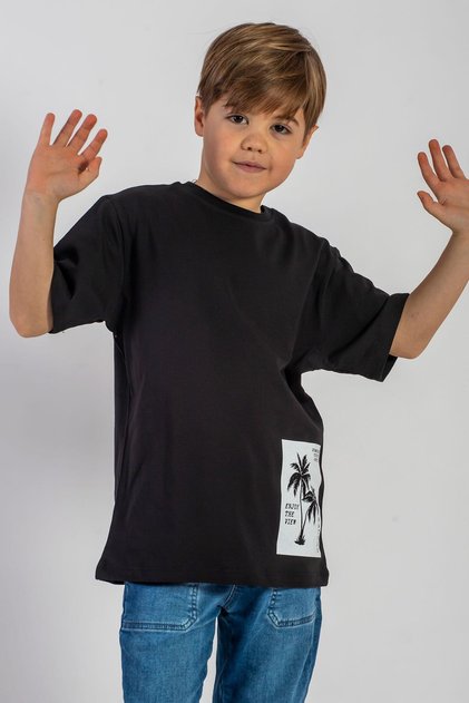 Crew Neck Short Sleeve Palm Printed Black Color Boy's T-shirt